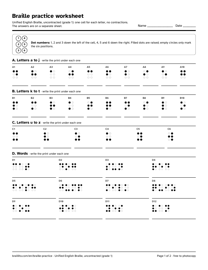 Preview of page 1 of the braille practice worksheet: the dot numbers, then the letters a to z in three shuffled rows and twelve words, each in braille cells with a line under it to write the answer