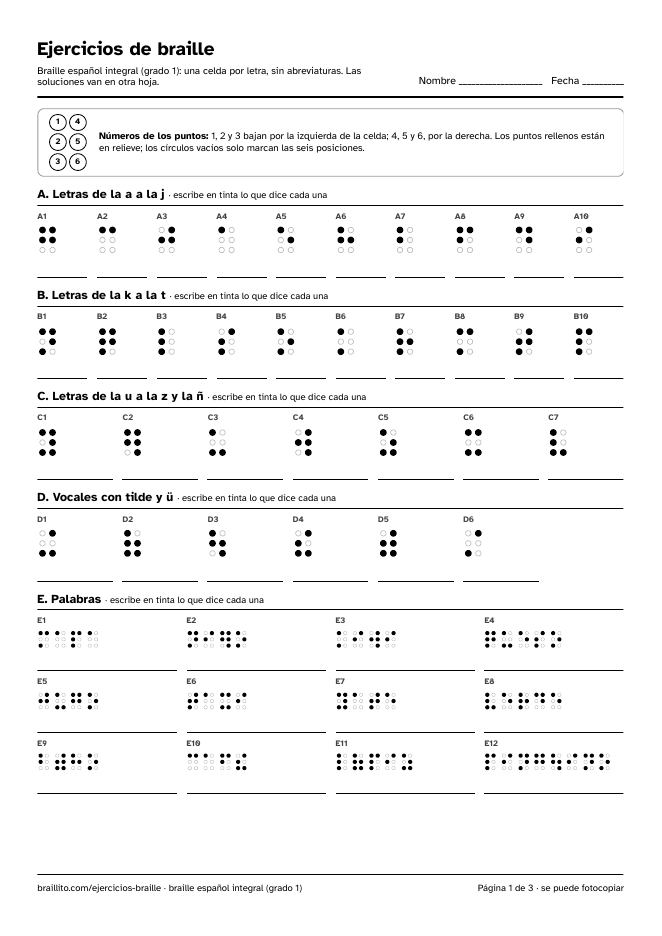 Vista de la página 1 de la ficha de ejercicios de braille: los números de los puntos y después las letras de la a a la z con la ñ, las vocales con tilde y doce palabras, cada una en celdas braille con una línea debajo para escribir la respuesta