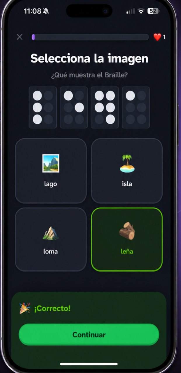A Braillito exercise in dark mode, Spanish interface: four braille cells at the top and four picture options below; the right answer is marked in green with a Correct! message.