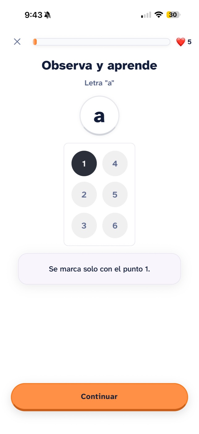 A lesson in light mode, Spanish interface: the letter a on a cream background and the braille cell with dot 1 marked in dark.