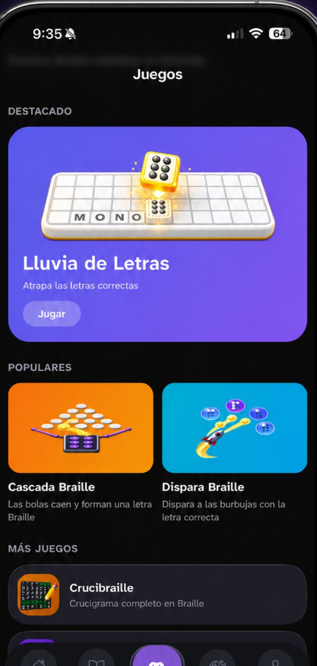 Braillito games screen on a phone, Spanish interface: Letter Rain featured at the top, then Braille Cascade and other popular games, and Crucibraille further down.