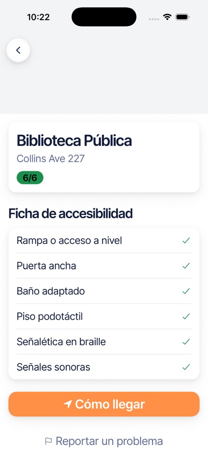 La ficha de un lugar con las seis preguntas de accesibilidad respondidas.