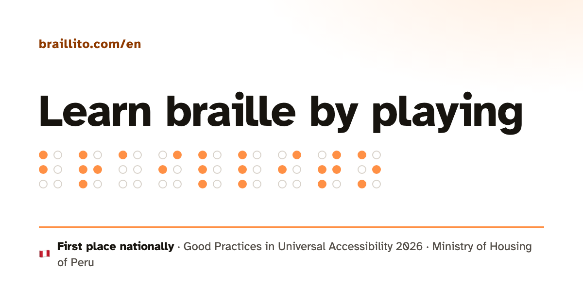 Braillito social card with the line “Learn braille by playing” and the word braillito in dots