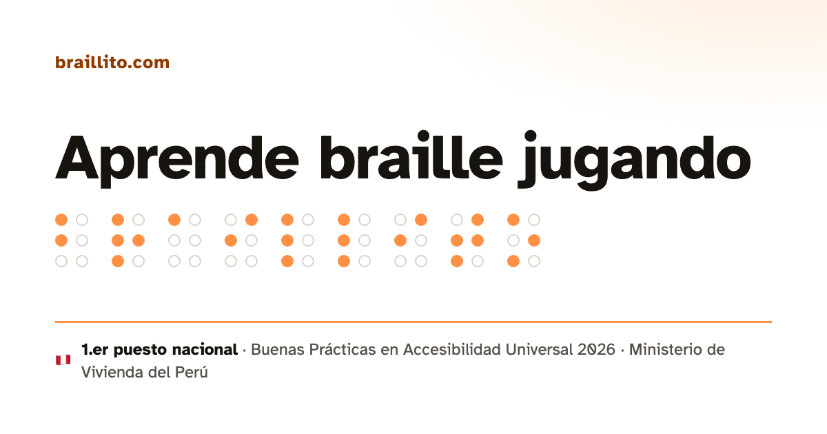Tarjeta social de Braillito con el lema «Aprende braille jugando» y el alfabeto en puntos